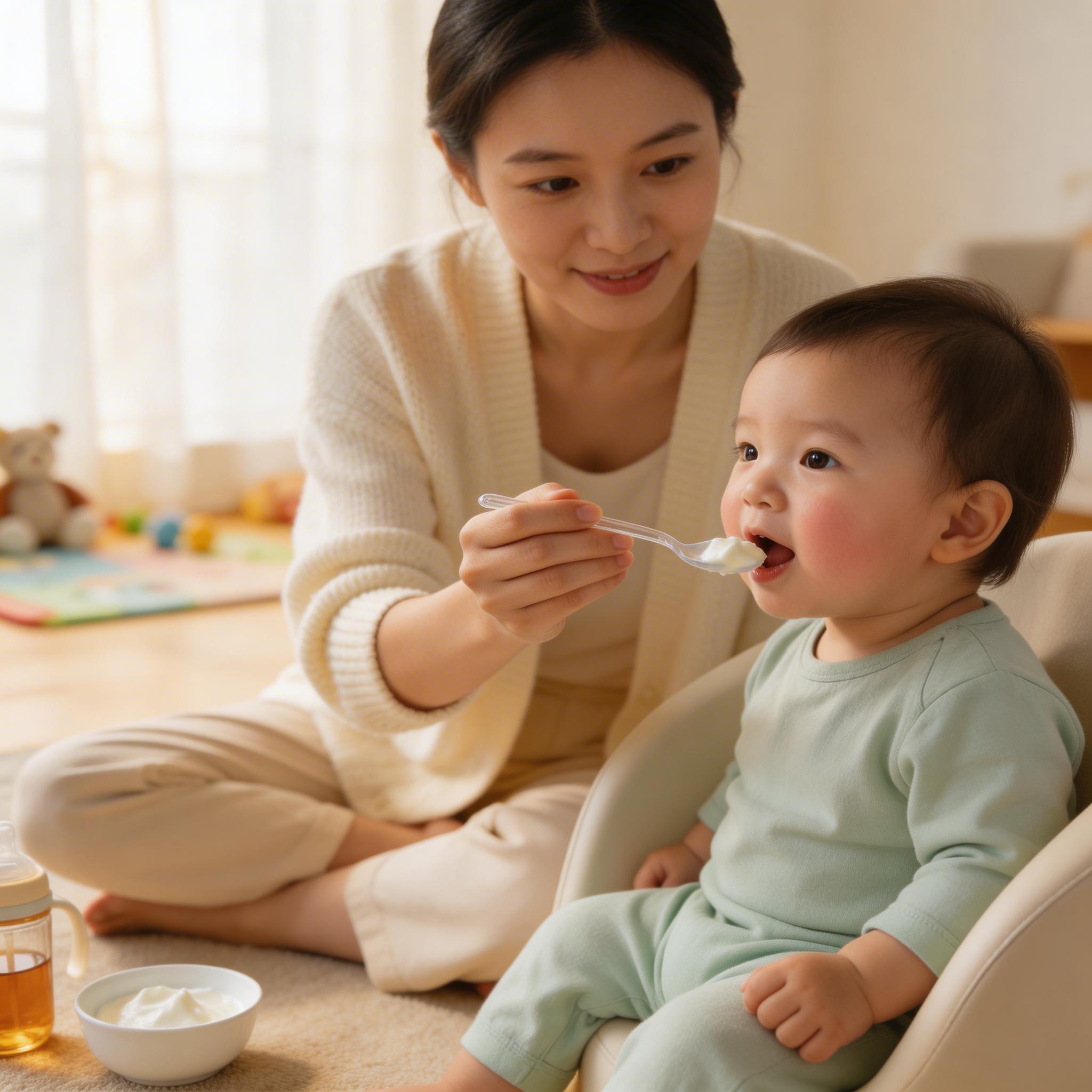 수족구 걸린 아기에게 숟가락으로 요거트를 먹이는 부모의 모습
