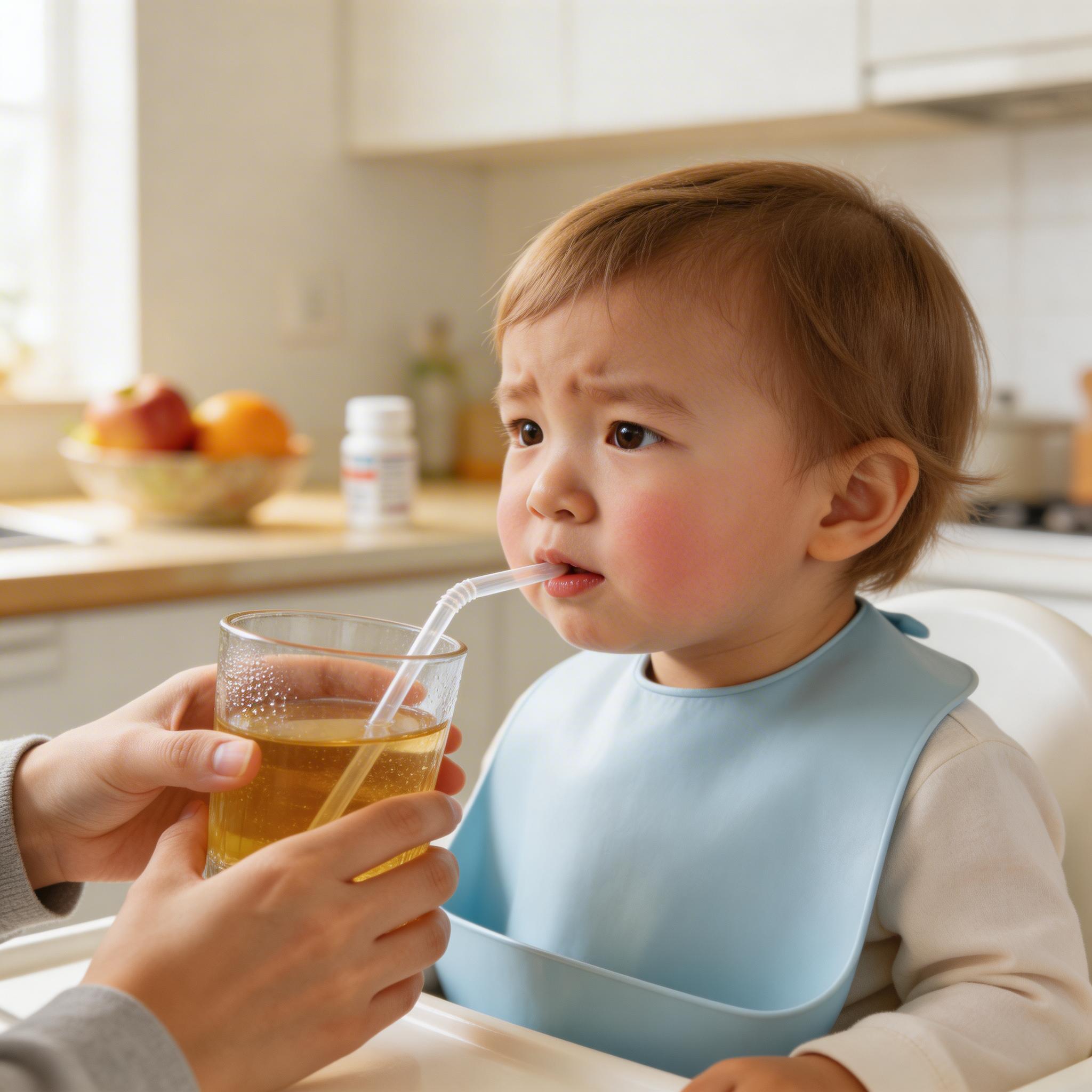 수족구 걸린 아이에게 빨대로 물을 먹이는 부모의 모습