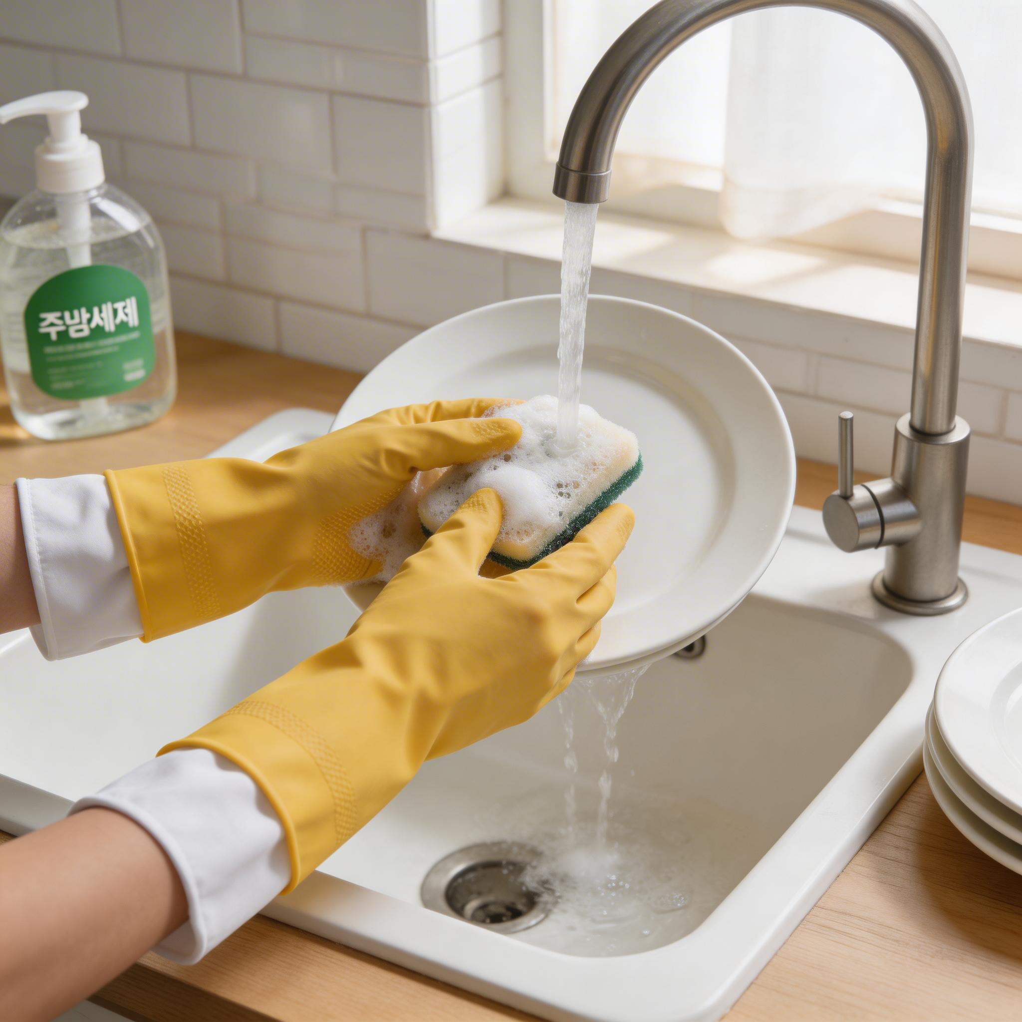 면장갑과 고무장갑을 이중으로 착용하고 설거지하는 손